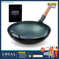 ❤SGseller❤ YOSUKATA Blue Round Bottom Wok Pan – 14" Woks and Stir Fry Pans - Chinese Hammered Pow Wok Carbon Steel Wok -