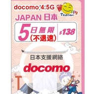 Happy 日本 Docomo 日本5日4.5G 全無限(不降速)無限《2張免費順豐》上網卡數據卡 Sim卡電話卡電話咭data