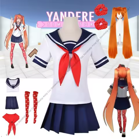 Osana Najimi Cosplay Yandere Simulator Rival Outfit Orange Polka Dot Stockings Set, Japanese School 
