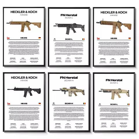 Tactical Gun Wall Art Canvas Print Modern Military Decor FN SCAR-L HK416 Assault Rifle Blueprint Wea