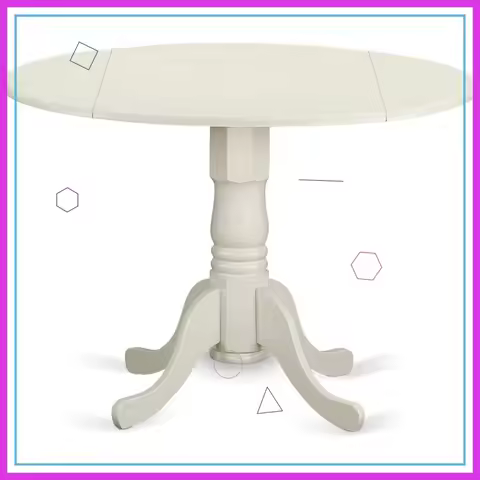 Round Dining Table with Drop Leaf, Solid Wood Pedestal Base, 42x42 Inch, Linen White, Easy Assembly