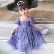 summer latest elegant formal fashion plain purple mesh short sleeve puffy tie back princess dress for kids girl 1 to 9 years old birthday party wear clothes 2 4 5 6 7 8 yrs korean