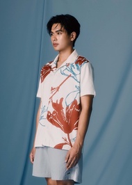 คร็อคโคไดล์เสื้อเชิ้ตคอเปิดสไตล์คิวบาสีส้มพัมพ์กิ้น ทรงพอดีตัว พร้อมผ้าพิมพ์ลาย CROCODILE PUMPKIN SP