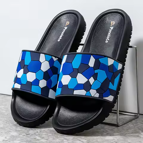 Home Slipper for Men Geometric Camouflage PVC Upper Soft Non Slip EVA Sole Casual House Indoor Shoes