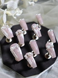 10入組長棺材形歐式粉色假指甲,優雅的3d立體裝飾石膏畫翅膀和人造珍珠鑲嵌鑽石裝飾美甲,適用於女性與女孩婚禮美甲,彌漫著一絲浪漫。