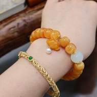 天然雞油黃蜜蠟 和田白玉蓮花珠老蜜蠟蓮花設計單圈手串