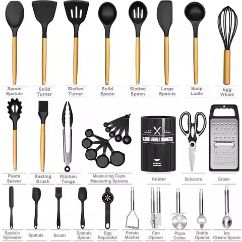 Silicone Kitchen Utensils Set Modern Cooking Utensil Set 34 PCS Black Heat Resistant Silicone Wooden
