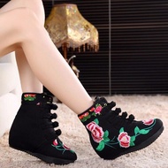 Single cotton old Beijing cloth shoes female national style embroidered shoes plate buckle raised slope heel square dance mother boots