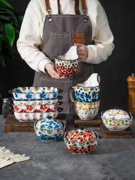 1只創意手繪波蘭風格的陶瓷蒸蛋碗,帶雙邊把手,方形碗和彎曲把手杯,適用於家庭使用