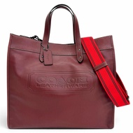 成色極佳 △ COACH CC097 Field Tote 40 手提包，帶 Coach 標誌，皮革材質，兩用大號手提包/單肩包，酒紅色，女士款，帶防塵袋