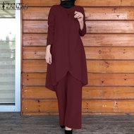 ZANZEA ชุดสูท2ชิ้นสำหรับสตรีมุสลิมชุดเสื้อยืดลายบิดเบี้ยวเสื้อผ้าแขนยาวมุสลิม