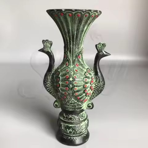 Collectible Chinese Old Bronze Carving Peacock Auspicious Vase fengshui statue ornaments