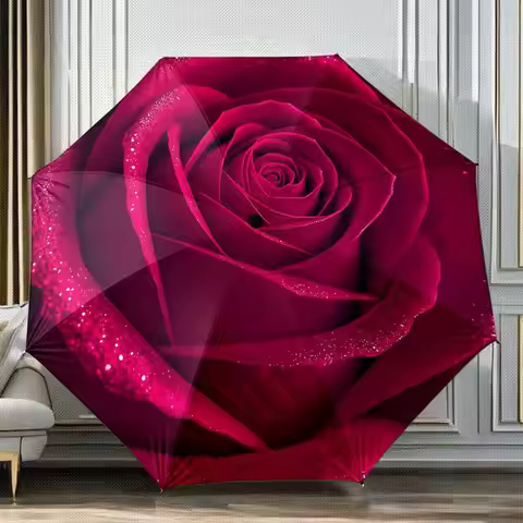 A Large Red Rose-Shaped Automatic Folding Umbrella. It'S a Portable And Collapsible Design, Perfect 