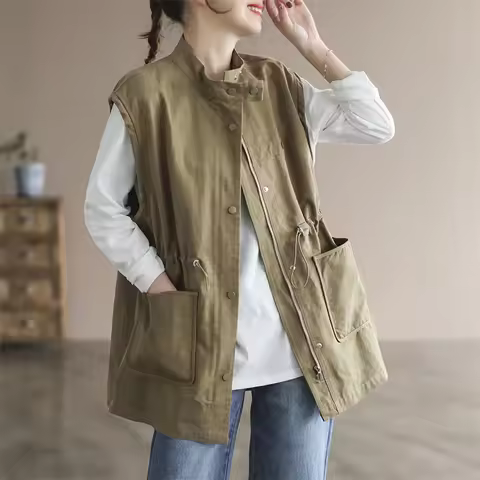 Zipper Vest Jacket Women's Double Lined Autumn Casual Work Wear Large Pocket Vest Female Drawstring 
