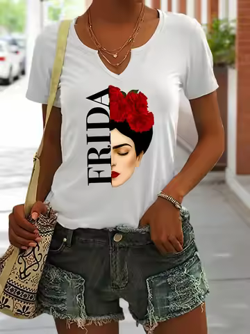 Women's Summer V-Neck Short Sleeve T-Shirt, Frida Kahlo with Red Roses Print, Artistic Feminist Casu