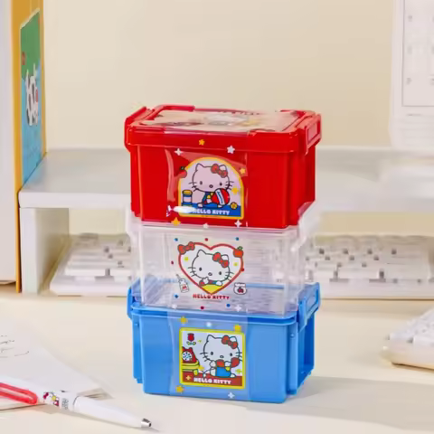 Genuine Sanrio KT Cat Layered Organizer Box Plastic Stackable Case for Office Desk Stationery Cosmet