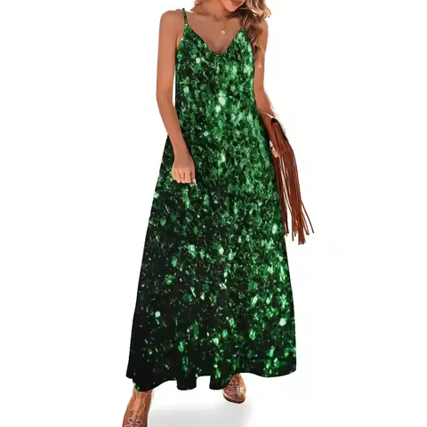 Glamour Dark Green faux glitter sparkles Sleeveless Dress prom dresses Prom gown wedding guest dress