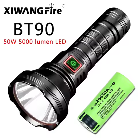 XIWANGFIRE BT90 5000lm LED Torch 50W Powerful Strong Light Long Range Flashlight USB C Rechargeable 
