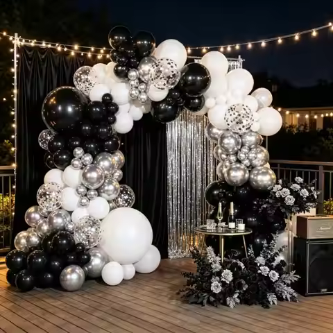 92pcs Black White Silver Balloon Garland Arch Kit, Metallic Silver Confetti Latex Balloons with Pump