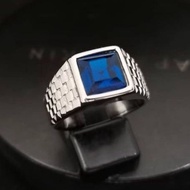 Stainless Steel Men's Ring With 8x8mm Dark Blue Stone. Cincin Steel Lelaki Dengan Batu Permata Biru 