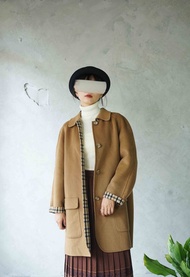 尋寶古著-DAKS經典駝色格紋毛呢連袖大衣外套