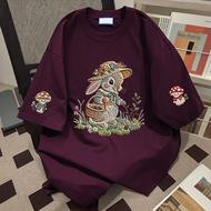 Retro American High Pound Pure Cotton Short Sleeve T-Shirt Summer Creative Floral Rabbit Embroidery
