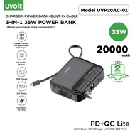 Uvolt [UVP20AC-01] Powerbank 3-In1 Built-in cable 35W 20000 mAh - แบตเตอรี่สำรอง มาตรฐาน (CCC)