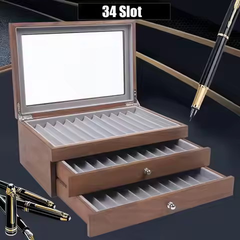Pen Storage Case 34 Slots Walnut Wood Cabinet With Drawer Student Stationery Pen Display Show Gift C