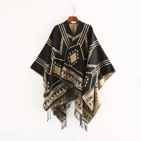 New Indian Nepali Style Shawl - Geometric Fringe Long Split Cape, Women's Warm Bohemian Poncho