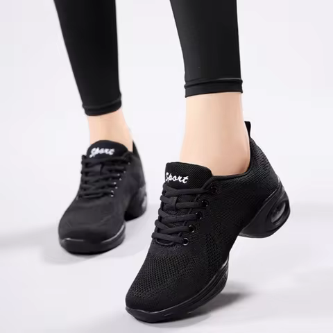 Women's Black Mesh Dance Sneakers Breathable Lightweight Cushioned Sport Shoes for Jazz Hip Hop Zumb