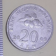 Uang kuno koin Malaysia 20 sen Malaysia tahun 2009 C.13