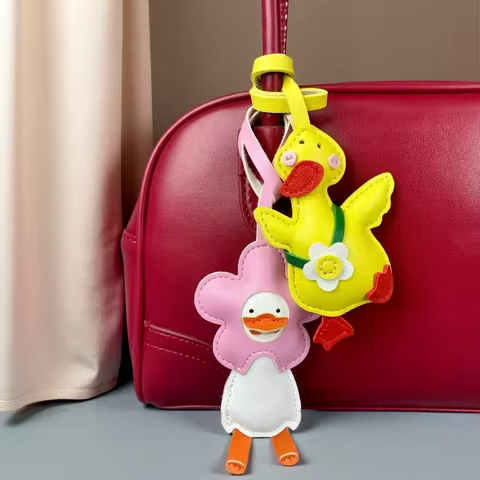 Flower Duck Keychain/Bag Charm - Handmade Leather Charm, Cute Duck in Bloom-Ideal Gift/Bag Accessory