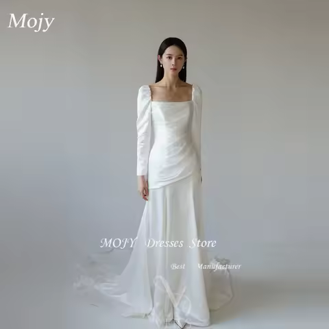 Mojy Long Sleeved Light Wedding Dress Simple Elegant Off The Shoulder Long Tail Korea Wedding Dress