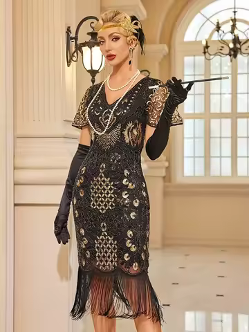 Women's Sequin Beaded Art Deco Flapper Dresses 20s Great Gatsby Party Fringe Dress V-Neck Petal Slee