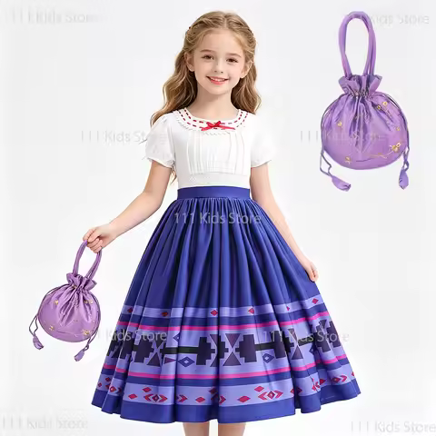 Girls Summer Dress Luisa Costume Cartoon Magic House Encanto Cosplay Dress with Handbag Children Bir