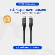 C to C HAVIT CB6010 Charging Cable Length 1.2m, Charging And Data Transfer Up to 60W, Premium Nylon Braided - Genuine Product (Black)