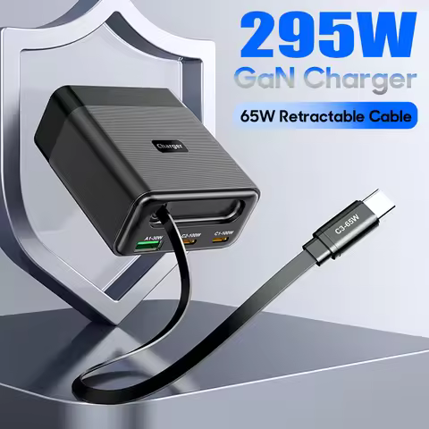 295W GaN Wall Charger, 2 USB C 100W PD & 1 USB A 30W, with 65W Retractable Type C Cable Fast Chargin