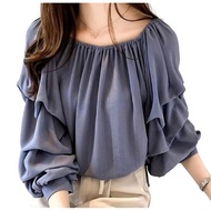 [1/2style] [Nibun no Ichi Style] Blouse Tunic with Sequins Long-Sleeve Collarless Pleated Balloon Sl