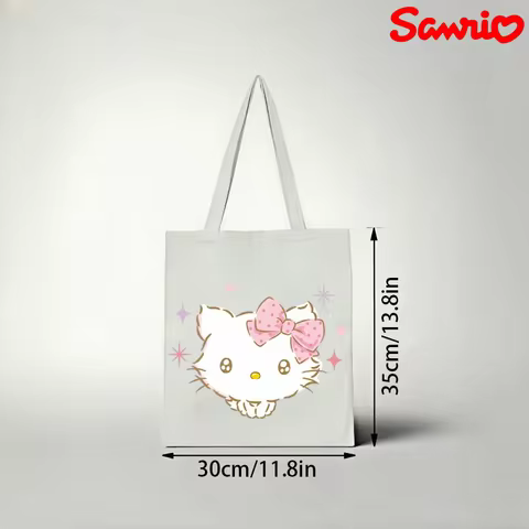 1pc Kawaii Charmmy Kitty with Pink Bow Print Canvas Tote Bag, Large Capacity Daily Shopping & School