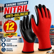 Glove Kerja 12 Pasang 33g Nitril Hitam Anti Slip, Benang Merah Untuk Bengkel, Gudang, Kebun, DIY & K