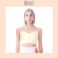 [MILIN] Pleated polyester Draped overlay top เสื้อสายเดี่ยวคอวีผ้าจับจีบย่น (ไม่รวมเข็มกลัดดอกไม้)  