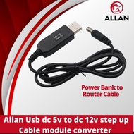 Allan Usb dc 5v to dc 12v step up cable module converter 2.1x5.5mm male connector, Powerbank WIFI