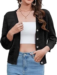 Women's Crochet Cardigan V Neck Button Shrug 3/4 Sleeve Lightweight Hollowed-Out Knit Sweater Tops, 