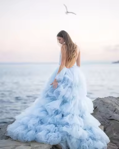 Amazing Cloud Tulle Ball Gown Wedding Bridal Dress Extra Lush Tiered Casual Dresses Blue Backless Po
