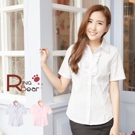 Super Texture Sweetheart OL Chest Ruffled Design Elastic Pinstripe Shirt (White.pink S-3L) Eye Ring 