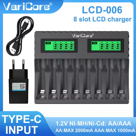 VariCore LCD-006 8 Slot LCD Battery Charger for AA AAA Ni-MH Rechargeable Batteries, Universal Smart