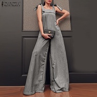 ZANZEA ชุดจั๊มสูทขายาวแบบผูกเชือกลายทางคอเสื้อคอสำหรับผู้หญิงใส่ในฤดูร้อนของ ZANZEA #0407