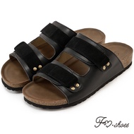 FM SHOES Genuine Leather Double Strap Decompression Slippers Black