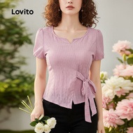 (trendy5)Lovito Casual Plain Lace Up Asymmetrical Tie Front Spring/Summer Pink Blouse for Women L135