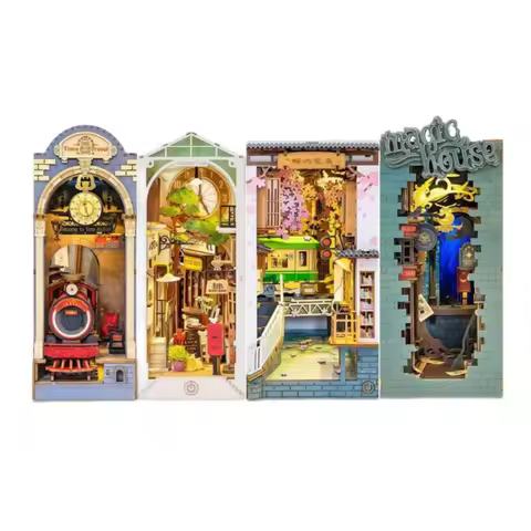 Robotime Rolife Book Nook DIY Dollhouse Furniture 4 Kinds Booknook Bookends Model Kit with LED Light
